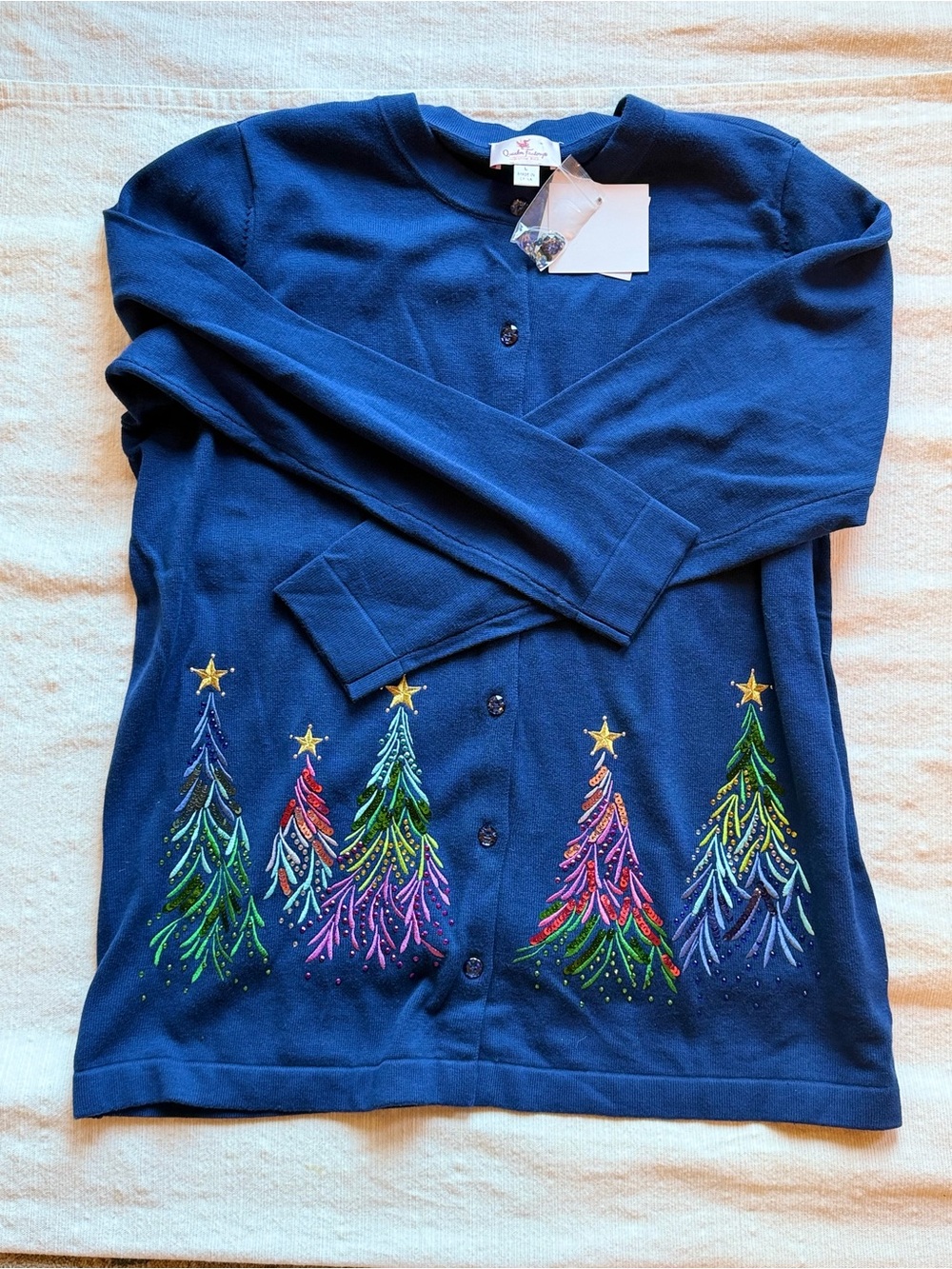 Navy Quacker Factory NWT Women's Holiday Cardigan Christmas Tree Embroidery